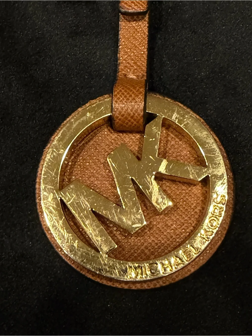 Michael Kors Tan Leather MK Circle Bag Tag with Gold Logo